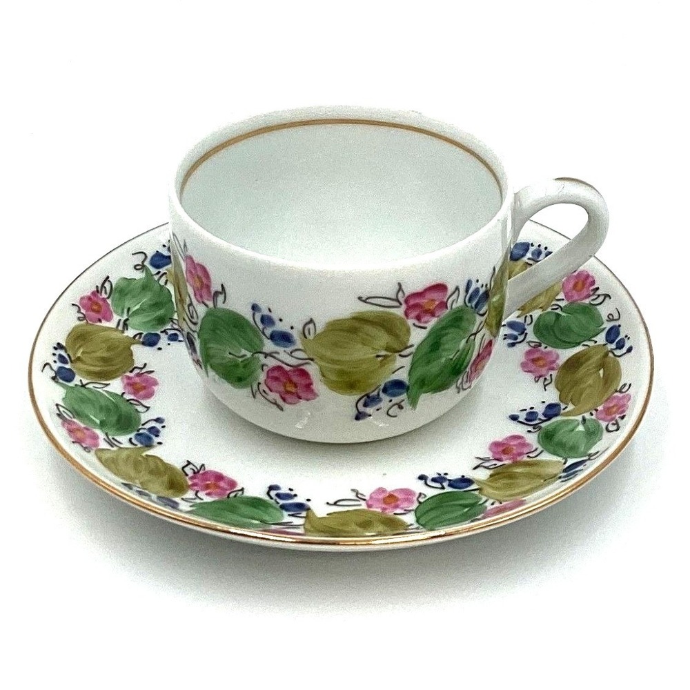 Vintage Small Hand Painted Floral Teacup and Saucer Gold Rim